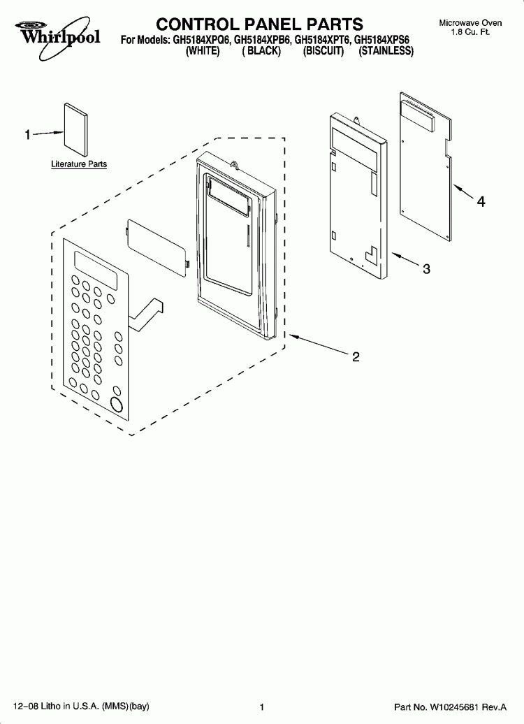 CONTROL PANEL PARTS Diagram and Parts List for GH5184XPS6  Whirlpool Microwave
