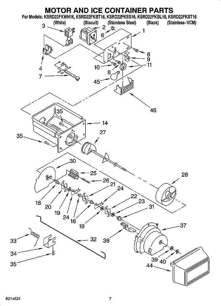 MOTOR AND ICE CONTAINER PARTS Diagram and Parts List for KSRD22FKBL16  KitchenAid Refrigerator