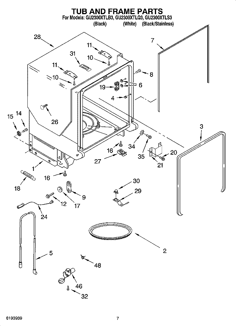 TUB AND FRAME PARTS Diagram and Parts List for GU2300XTLB3  Whirlpool Dishwasher