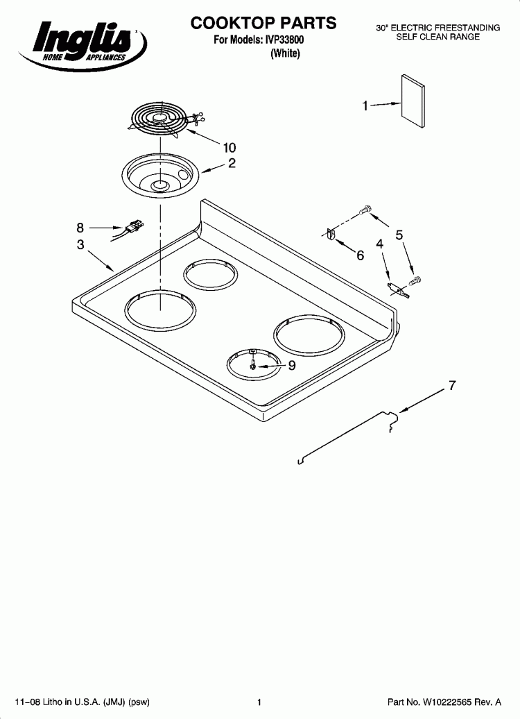 COOKTOP PARTS Diagram and Parts List for IVP33800  Inglis Range