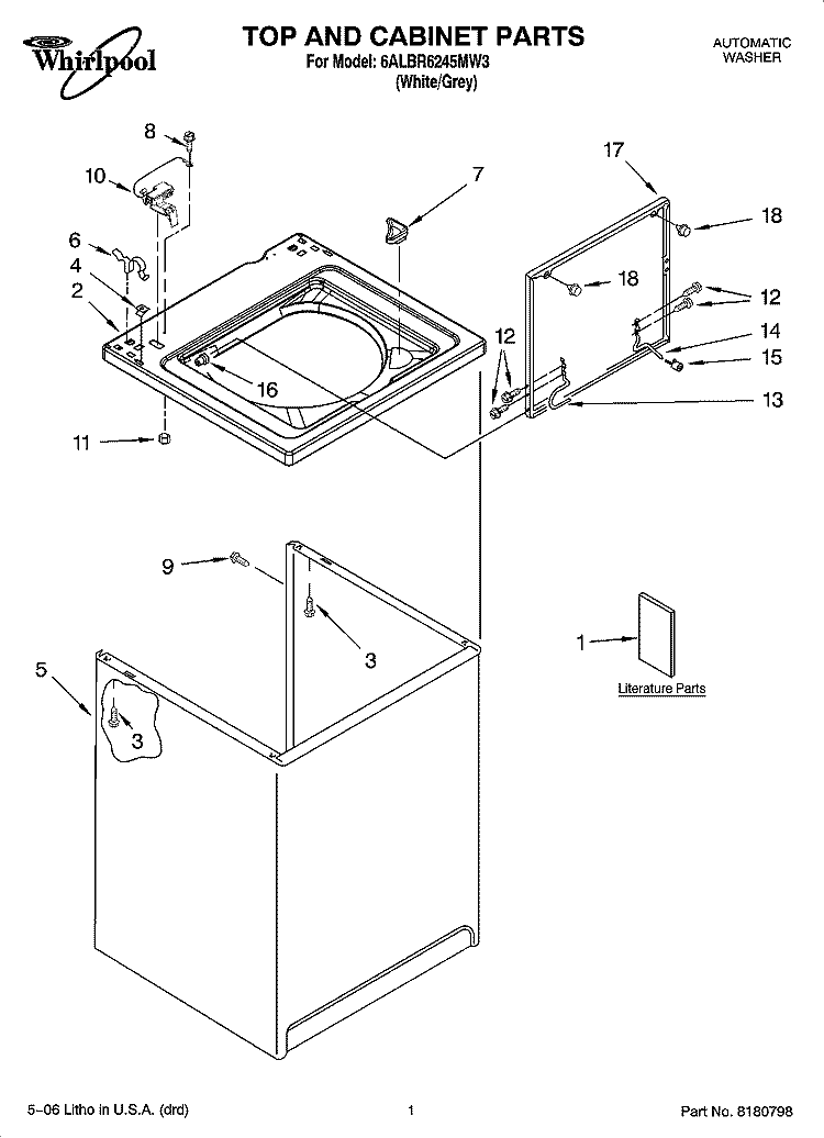 TOP AND CABINET PARTS Diagram and Parts List for 6ALBR6245MW3  Whirlpool Washer