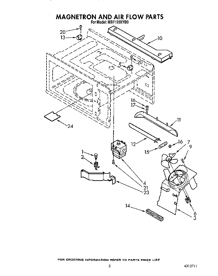 MAGNETRON AND AIR FLOW Diagram and Parts List for MB7120XYB0  Whirlpool Microwave