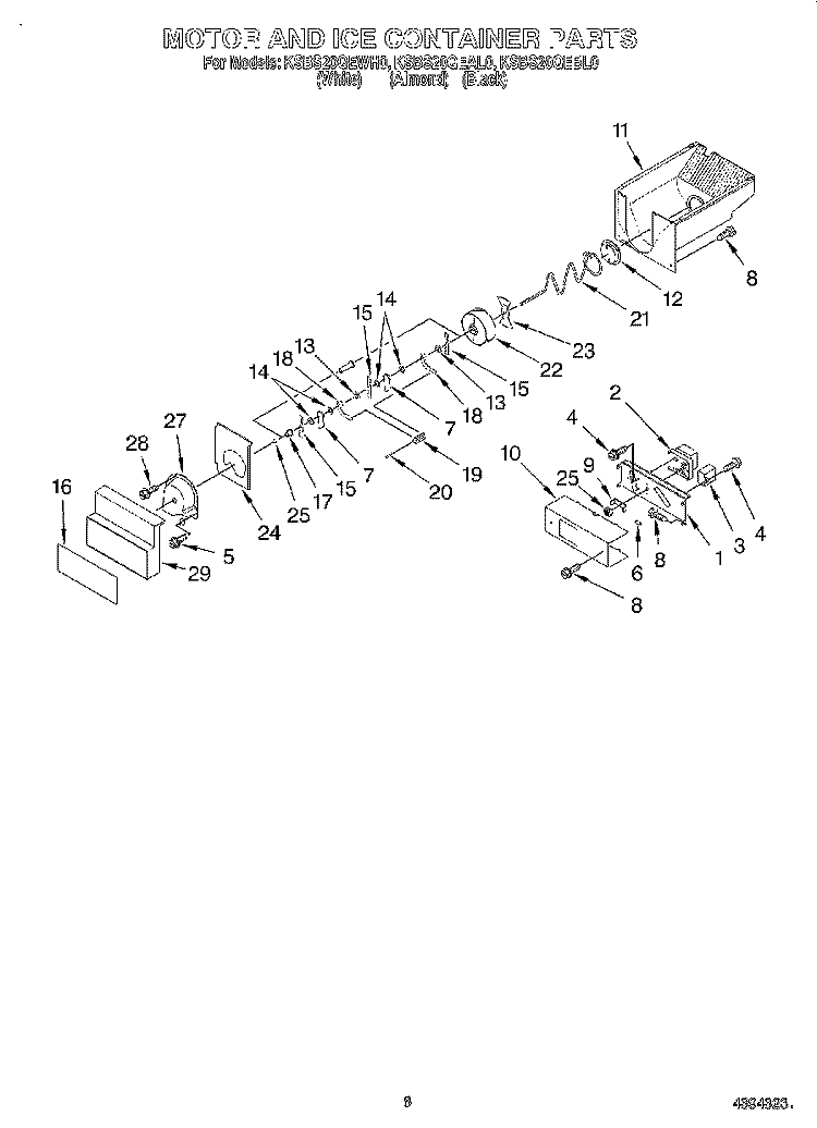 MOTOR AND ICE CONTAINER Diagram and Parts List for KSBS20QEBL0  KitchenAid Refrigerator