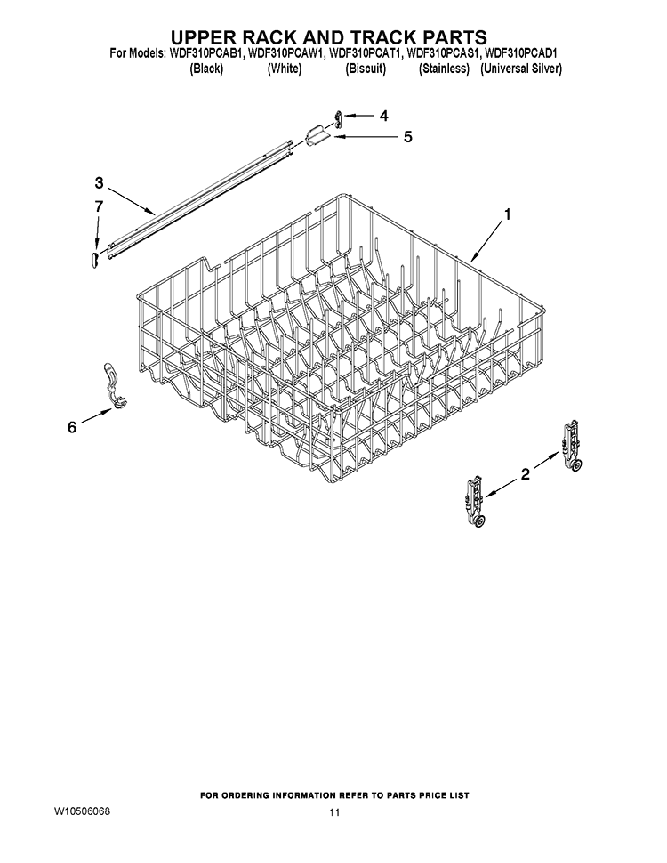 UPPER RACK AND TRACK PARTS Diagram and Parts List for WDF310PCAW1  Whirlpool Dishwasher