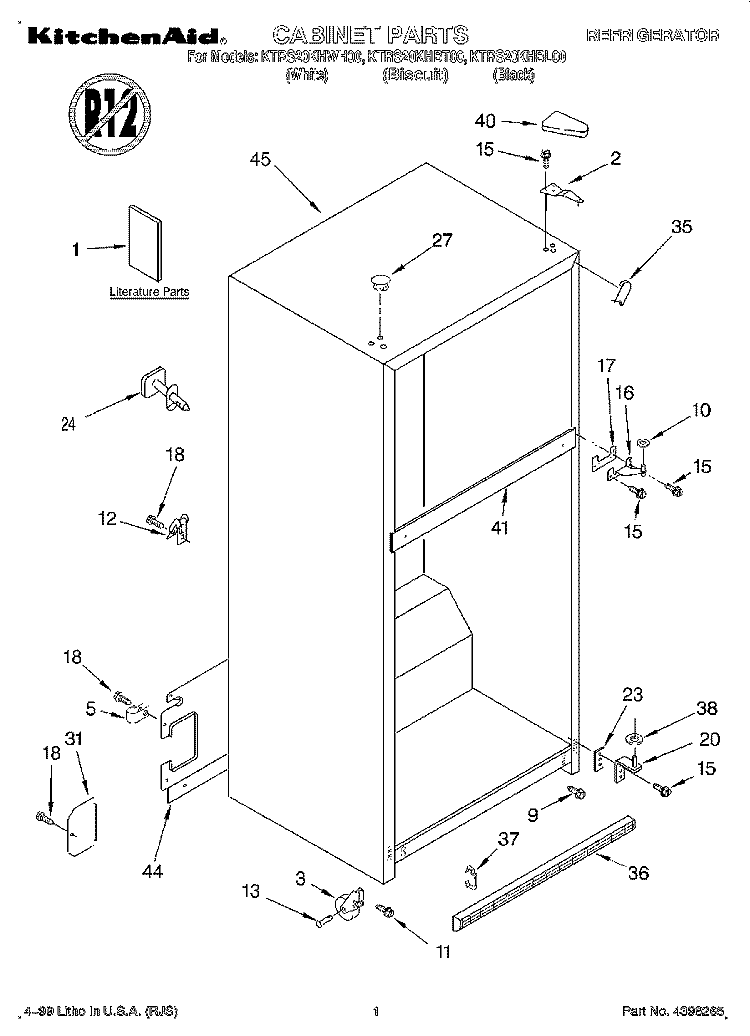 CABINET, LITERATURE Diagram and Parts List for KTRS20KHBL00  KitchenAid Refrigerator