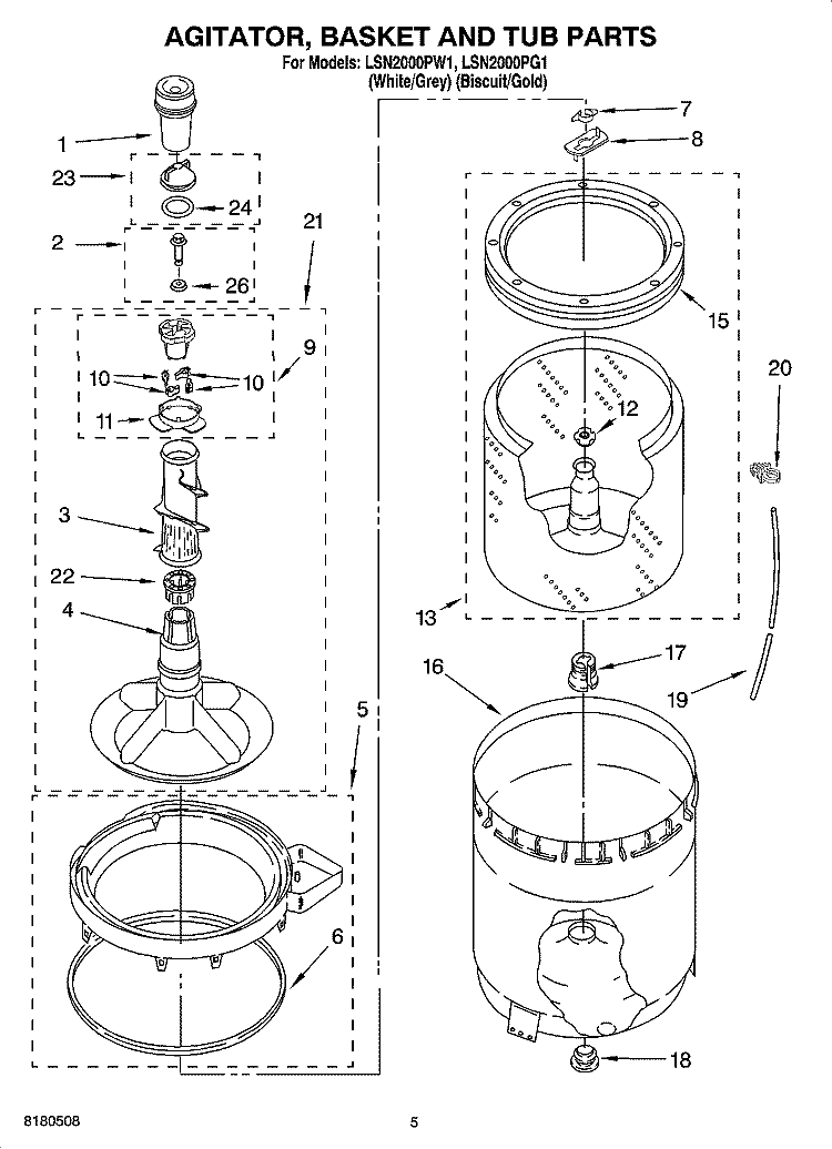 AGITATOR, BASKET AND TUB PARTS Diagram and Parts List for LSN2000PG1  Whirlpool Washer