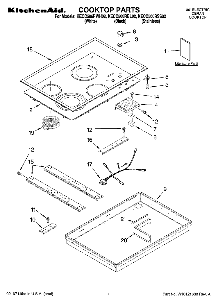 COOKTOP PARTS, OPTIONAL PARTS Diagram and Parts List for KECC506RSS02  KitchenAid Cooktop