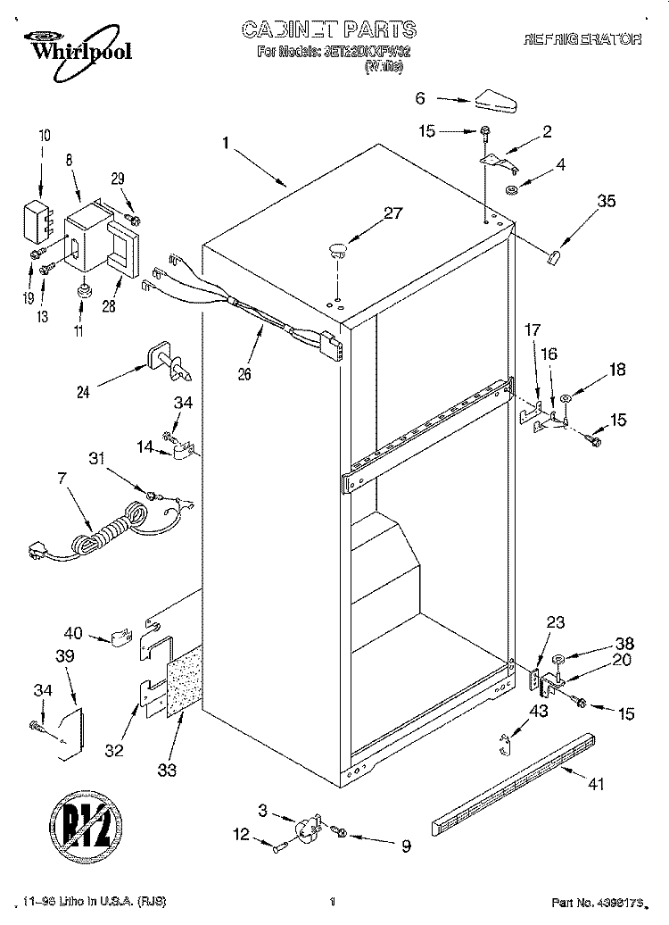 CABINET Diagram and Parts List for 3ET22DKXFW02  Whirlpool Refrigerator