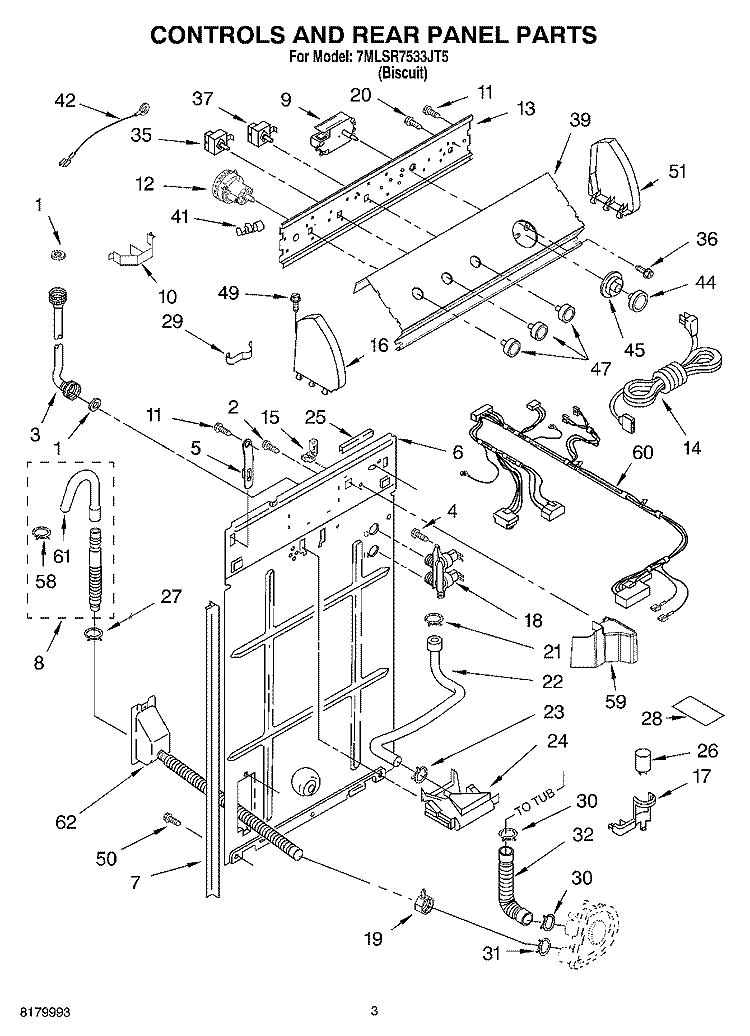CONTROLS AND REAR PANEL PARTS Diagram and Parts List for 7MLSR7533JT5  Whirlpool Washer