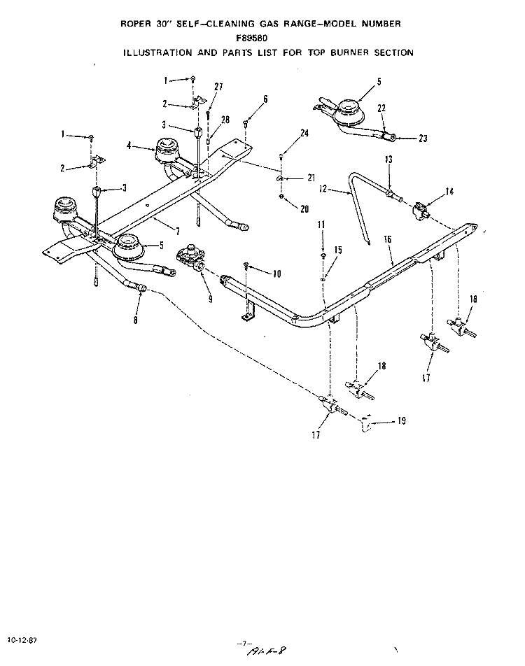 TOP BURNER Diagram and Parts List for F8958W0  Roper Range