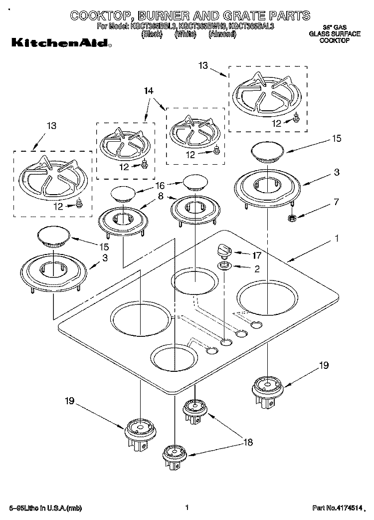 COOKTOP, BURNER AND GRATE Diagram and Parts List for KGCT365BBL3  KitchenAid Cooktop