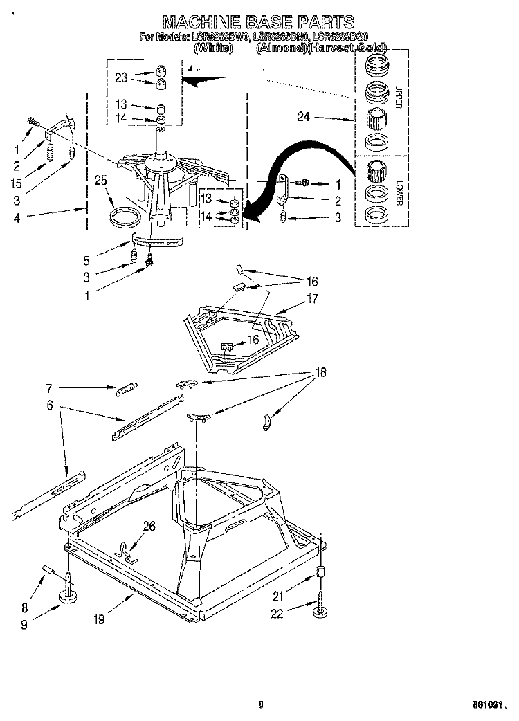 MACHINE BASE Diagram and Parts List for LSR6233BW0  Whirlpool Washer