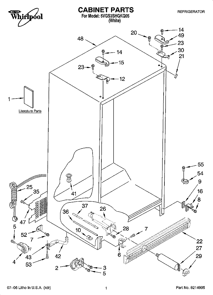CABINET PARTS Diagram and Parts List for 5VGS3SHGKQ05  Whirlpool Refrigerator