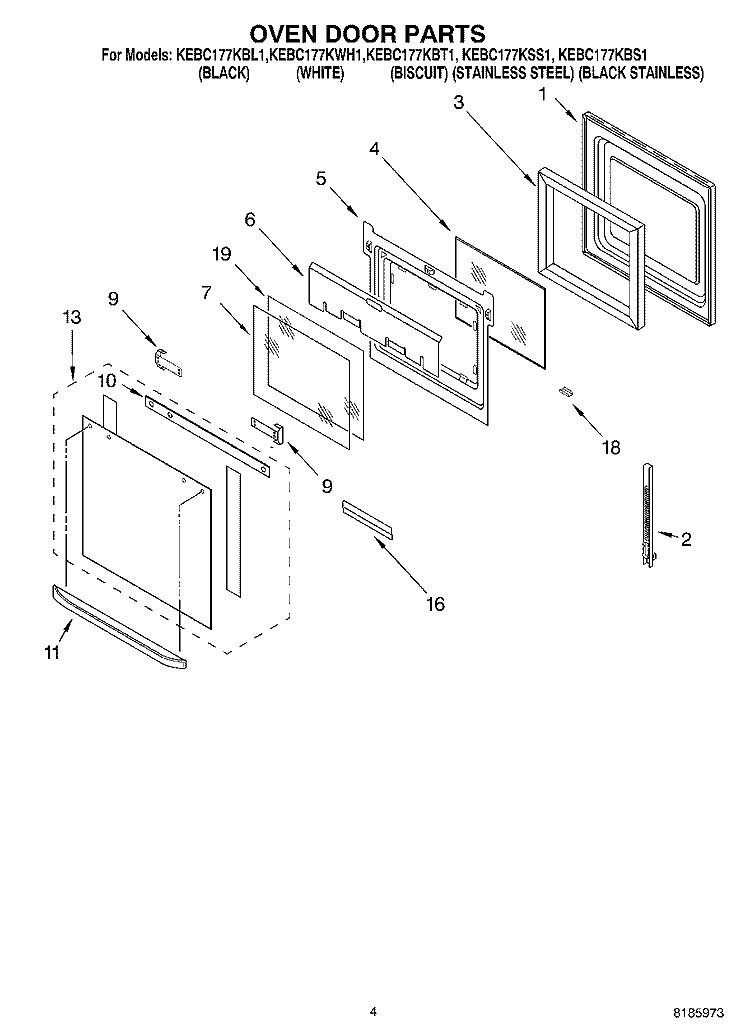 OVEN DOOR Diagram and Parts List for KEBC177KBT1  KitchenAid Wall Oven