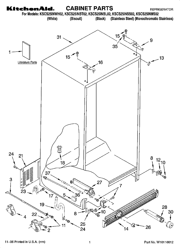 CABINET PARTS Diagram and Parts List for KSCS25INBT02  KitchenAid Refrigerator