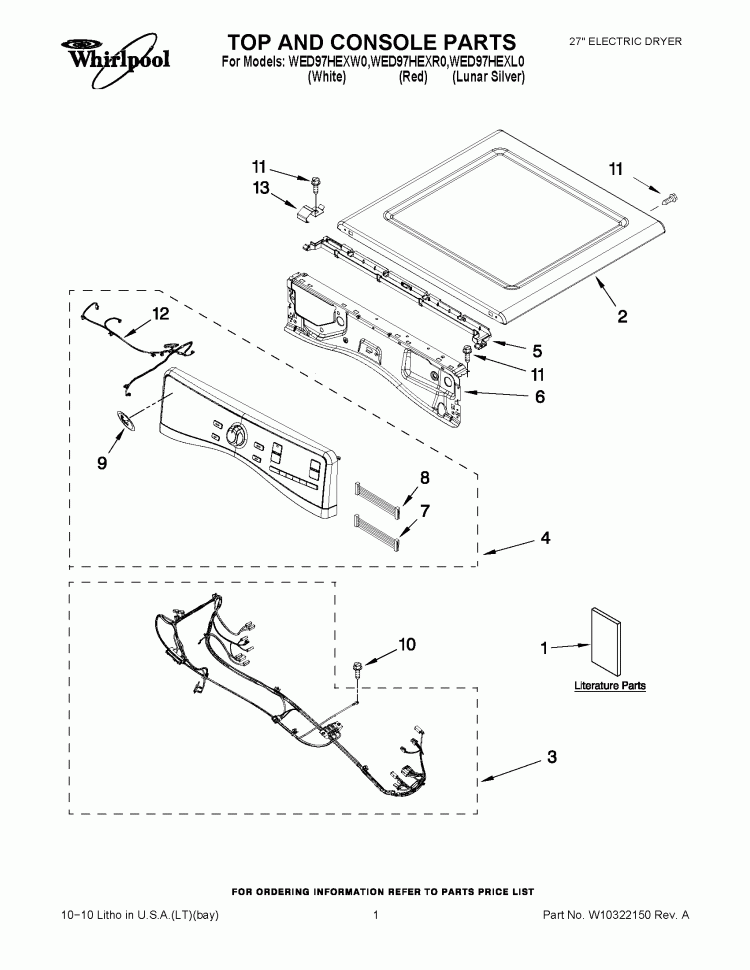 TOP AND CONSOLE PARTS Diagram and Parts List for WED97HEXR0  Whirlpool Dryer