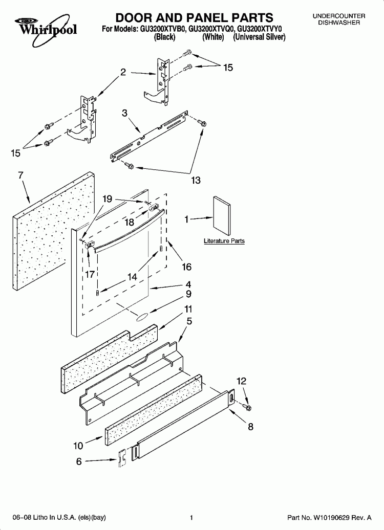 DOOR AND PANEL PARTS Diagram and Parts List for GU3200XTVB0  Whirlpool Dishwasher