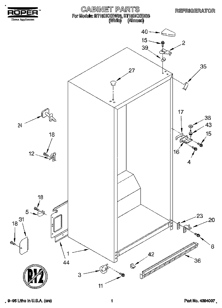CABINET Diagram and Parts List for RT18DKXEW03  Roper Refrigerator