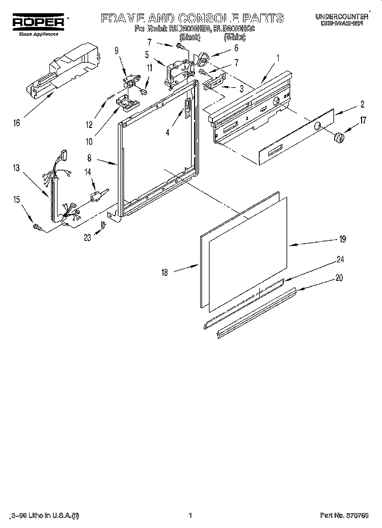 FRAME AND CONSOLE Diagram and Parts List for RUD5000HB0  Roper Dishwasher