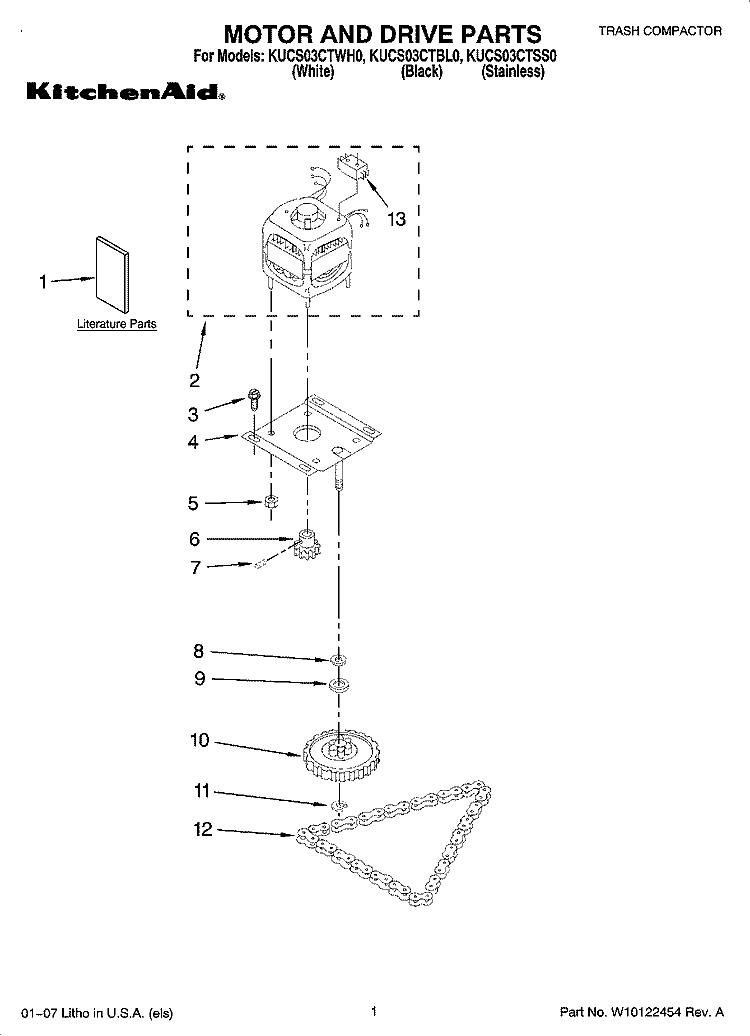 MOTOR AND DRIVE PARTS Diagram and Parts List for KUCS03CTSS0  KitchenAid Trash Compactor