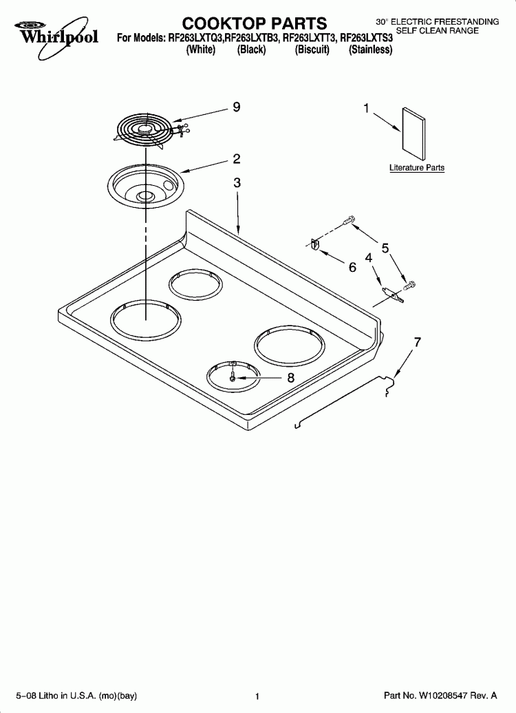 COOKTOP PARTS Diagram and Parts List for RF263LXTT3  Whirlpool Range