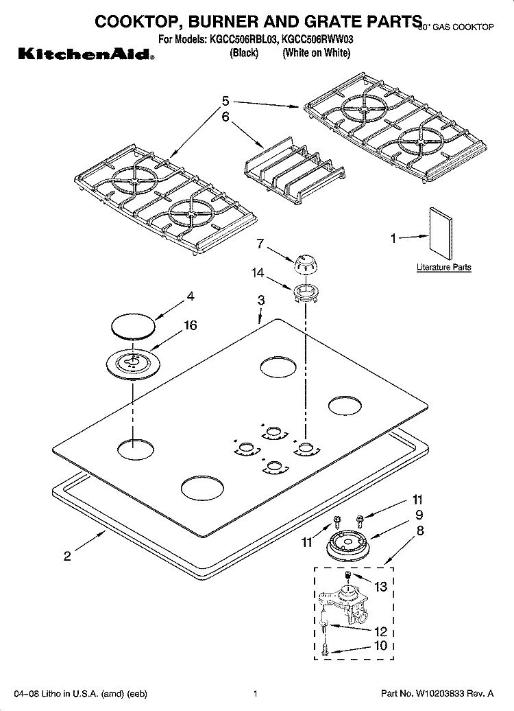 COOKTOP, BURNER AND GRATE PARTS Diagram and Parts List for KGCC506RBL03  KitchenAid Cooktop