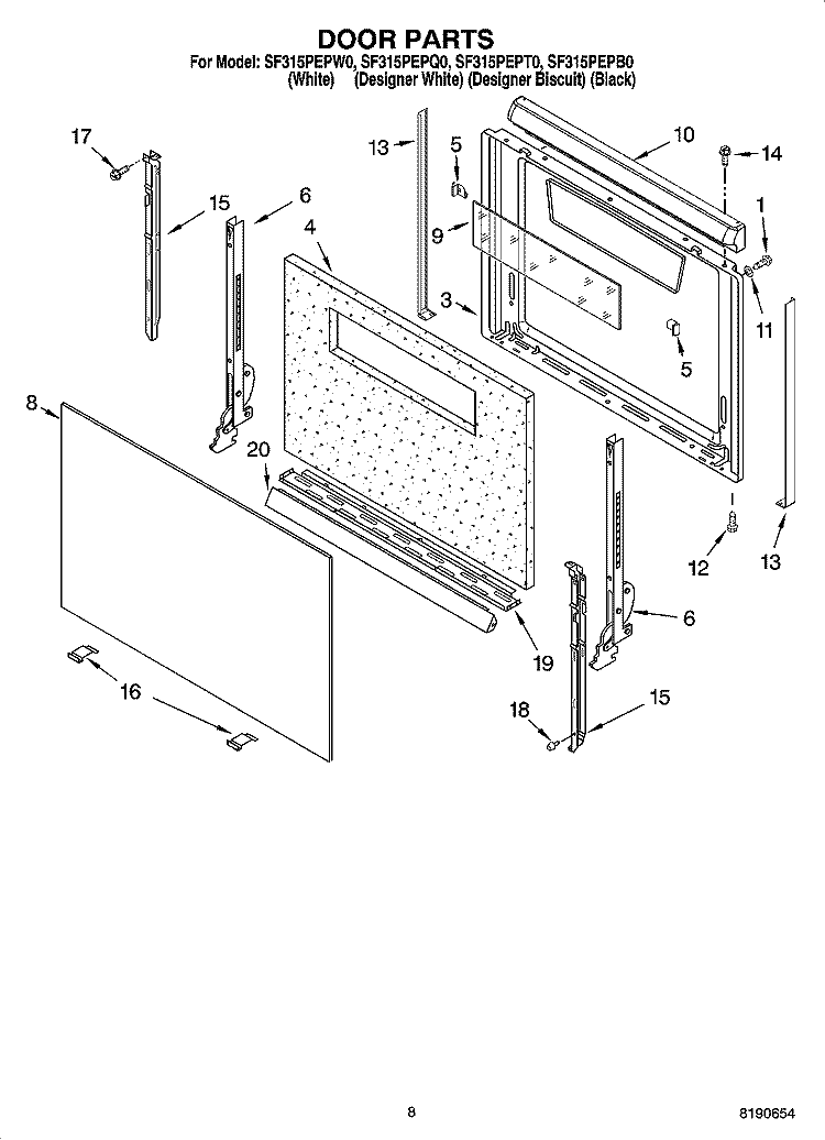 DOOR PARTS, MISCELLANEOUS PARTS Diagram and Parts List for SF315PEPB0  Whirlpool Range