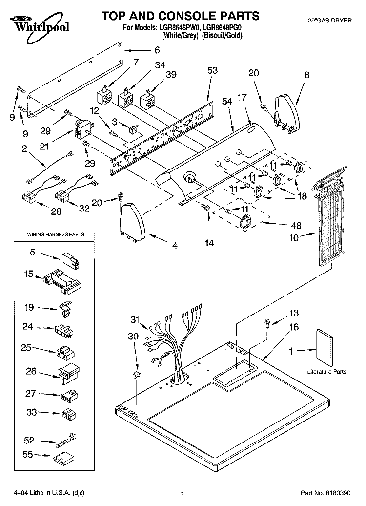 TOP AND CONSOLE PARTS Diagram and Parts List for LGR8648PW0  Whirlpool Dryer