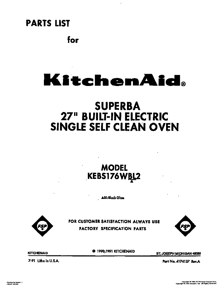 COVER Diagram and Parts List for KEBS176WBL2  KitchenAid Wall Oven
