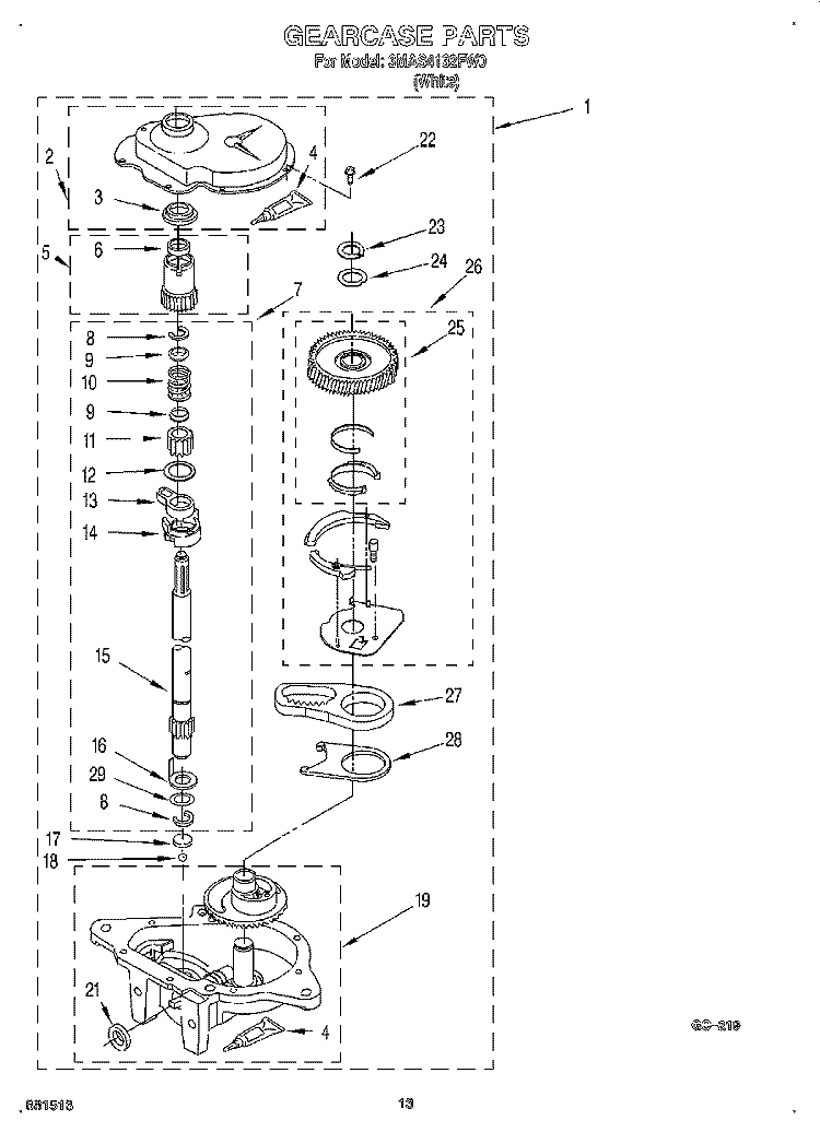 GEARCASE Diagram and Parts List for 3MAS4132FW0  Whirlpool Washer