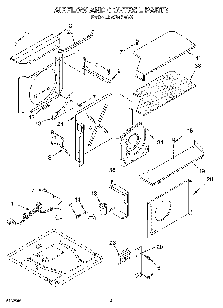 AIR FLOW AND CONTROL Diagram and Parts List for ACQ214XK0  Whirlpool Air Conditioner