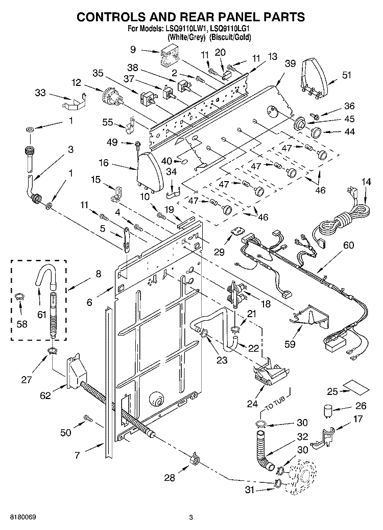 CONTROLS AND REAR PANEL PARTS Diagram and Parts List for LSQ9110LG1  Whirlpool Washer
