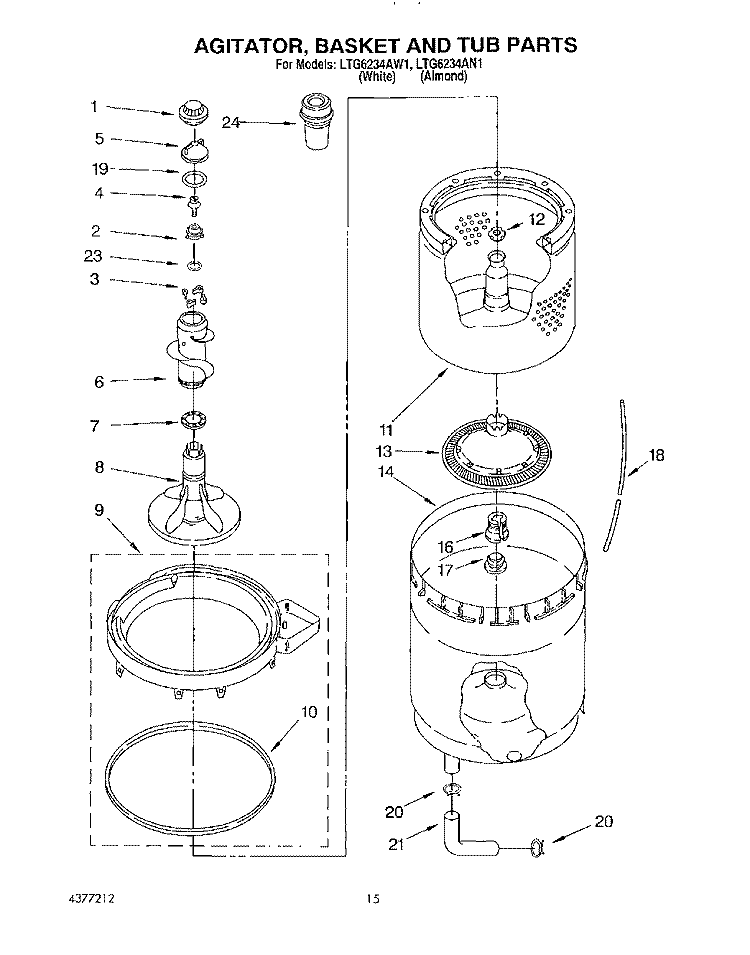 AGITATOR, BASKET AND TUB Diagram and Parts List for LTG6234AW1  Whirlpool Washer Dryer Combo