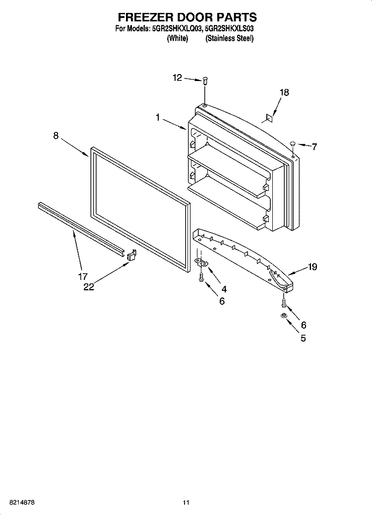 FREEZER DOOR PARTS, OPTIONAL PARTS Diagram and Parts List for 5GR2SHKXLQ03  Whirlpool Refrigerator