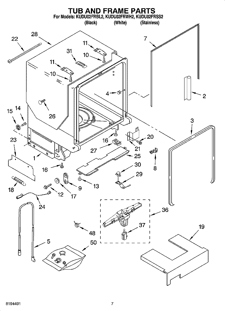 TUB AND FRAME PARTS Diagram and Parts List for KUDU02FRBL2  KitchenAid Dishwasher