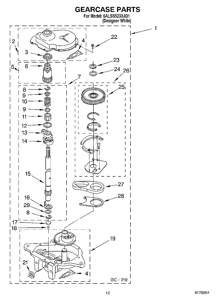 GEARCASE PARTS Diagram and Parts List for 6ALSS5233JQ1  Whirlpool Washer