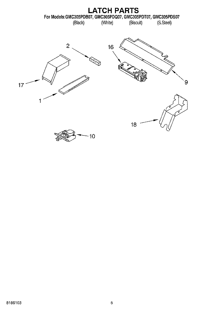 LATCH PARTS Diagram and Parts List for GMC305PDS07  Whirlpool Microwave Oven Combo