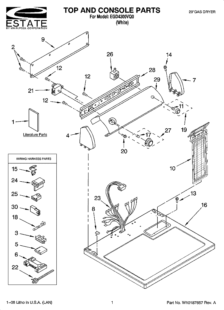 TOP AND CONSOLE PARTS Diagram and Parts List for EGD4300VQ0  Estate Dryer