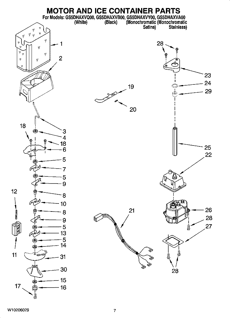 MOTOR AND ICE CONTAINER PARTS Diagram and Parts List for GS5DHAXVA00  Whirlpool Refrigerator