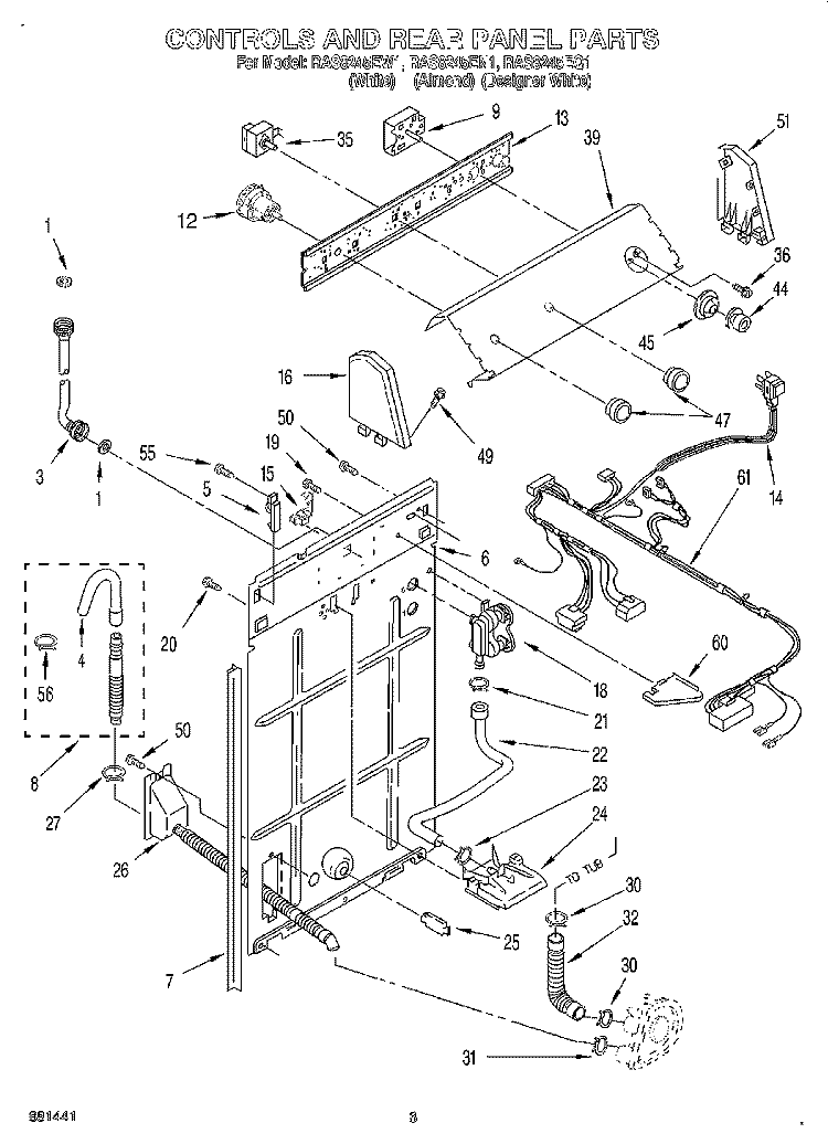 CONTROLS AND REAR PANEL Diagram and Parts List for RAS8245EQ1  Roper Washer