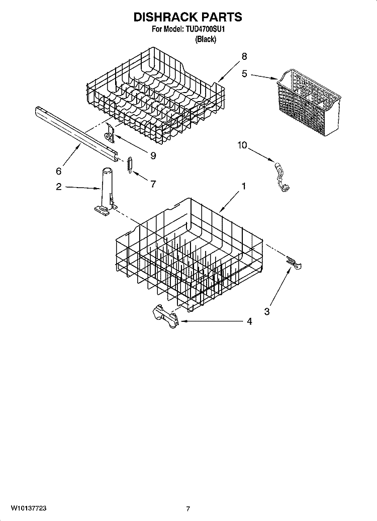 DISHRACK PARTS, OPTIONAL PARTS (NOT INCLUDED) Diagram and Parts List for TUD4700SU1  Estate Dishwasher