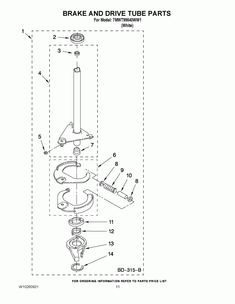 BRAKE AND DRIVE TUBE PARTS Diagram and Parts List for 7MWT99840WW1  Whirlpool Washer