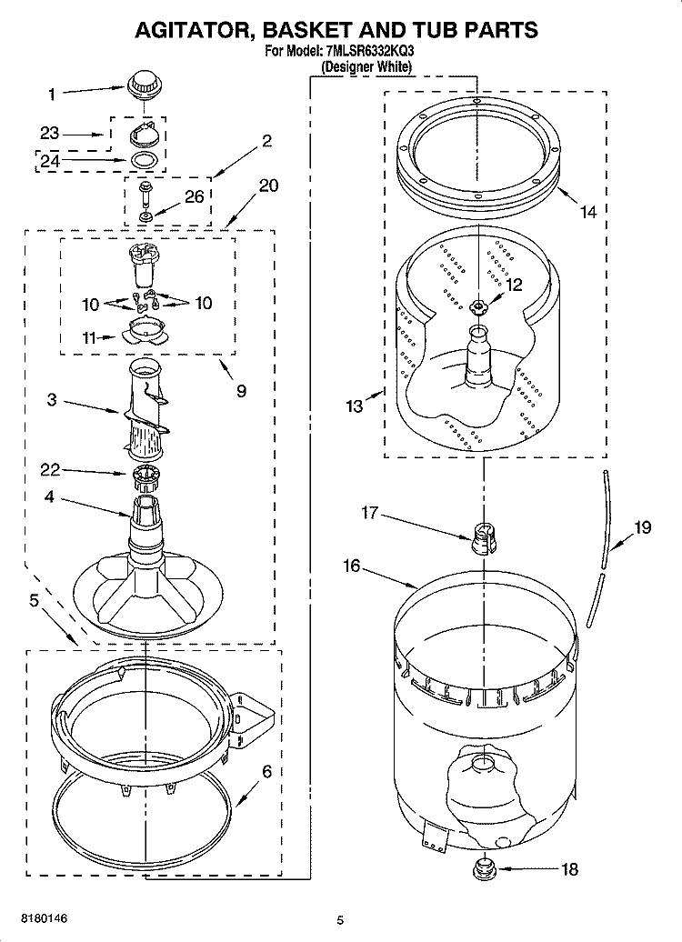 AGITATOR, BASKET AND TUB PARTS Diagram and Parts List for 7MLSR6332KQ3  Whirlpool Washer