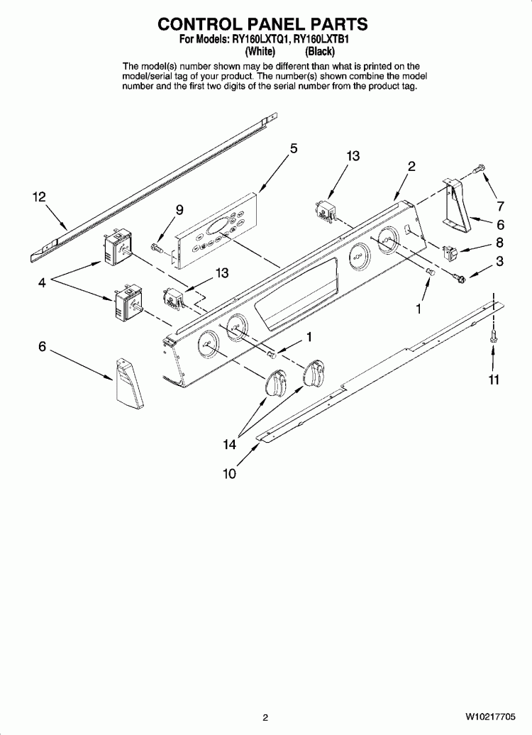 CONTROL PANEL PARTS Diagram and Parts List for RY160LXTB1  Whirlpool Range