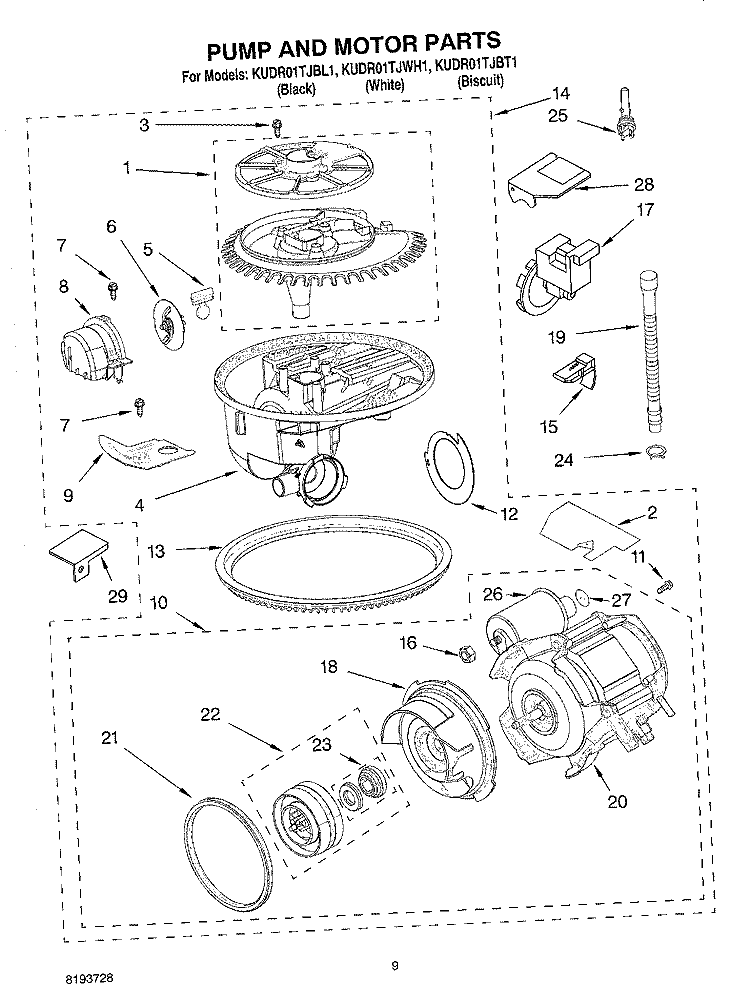 PUMP AND MOTOR PARTS Diagram and Parts List for KUDR01TJBT1  KitchenAid Dishwasher