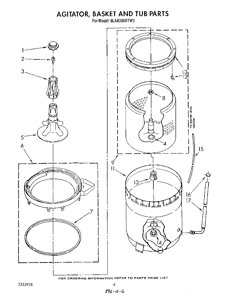 AGITATOR, BASKET AND TUB Diagram and Parts List for 6LA6300XTW1  Whirlpool Washer