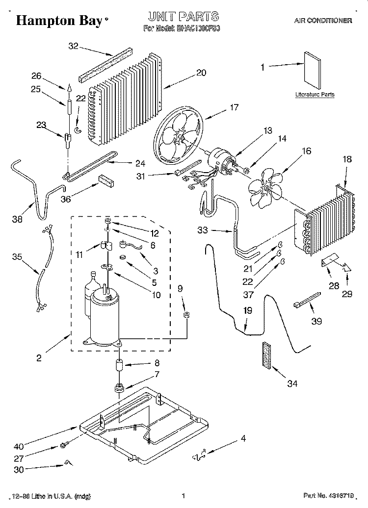 UNIT, LITERATURE Diagram and Parts List for BHAC1000FS0  Whirlpool Air Conditioner