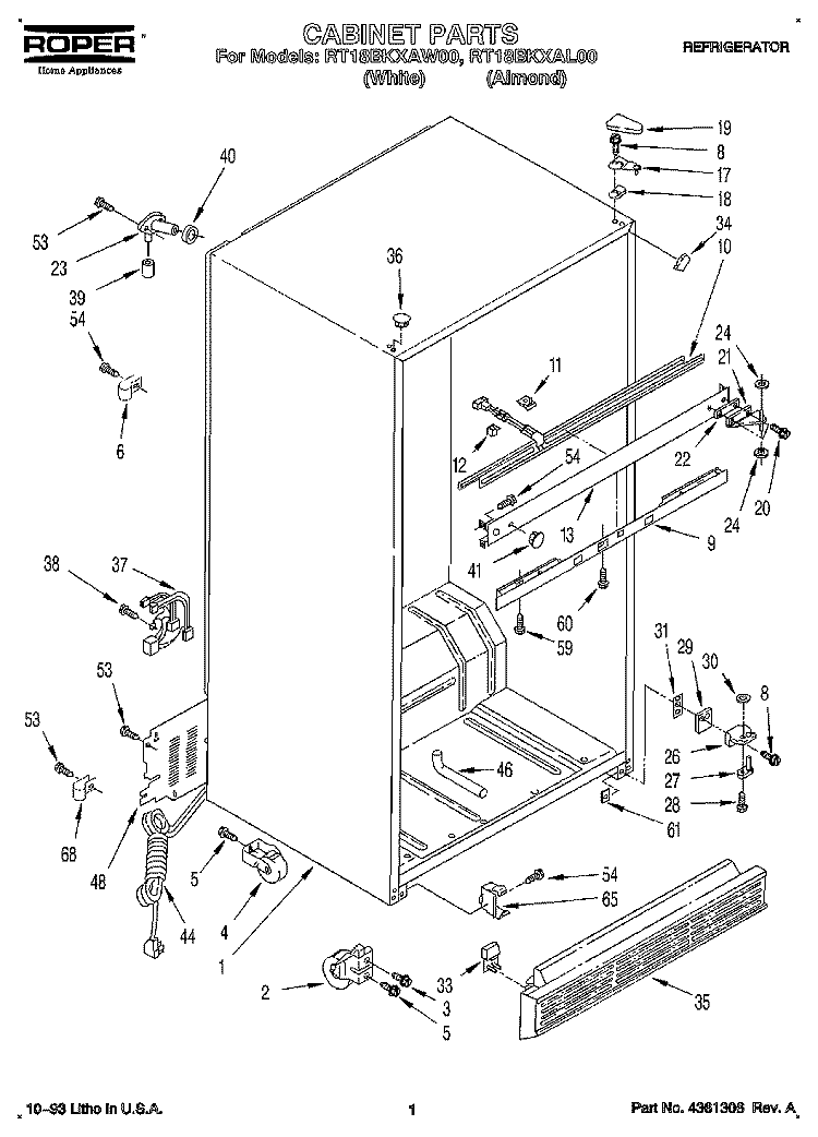 CABINET Diagram and Parts List for RT18BKXAW00  Roper Refrigerator