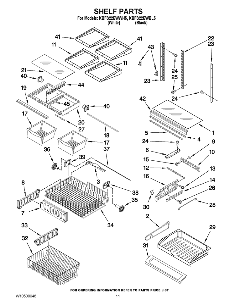 SHELF PARTS Diagram and Parts List for KBFS22EWBL5  KitchenAid Refrigerator