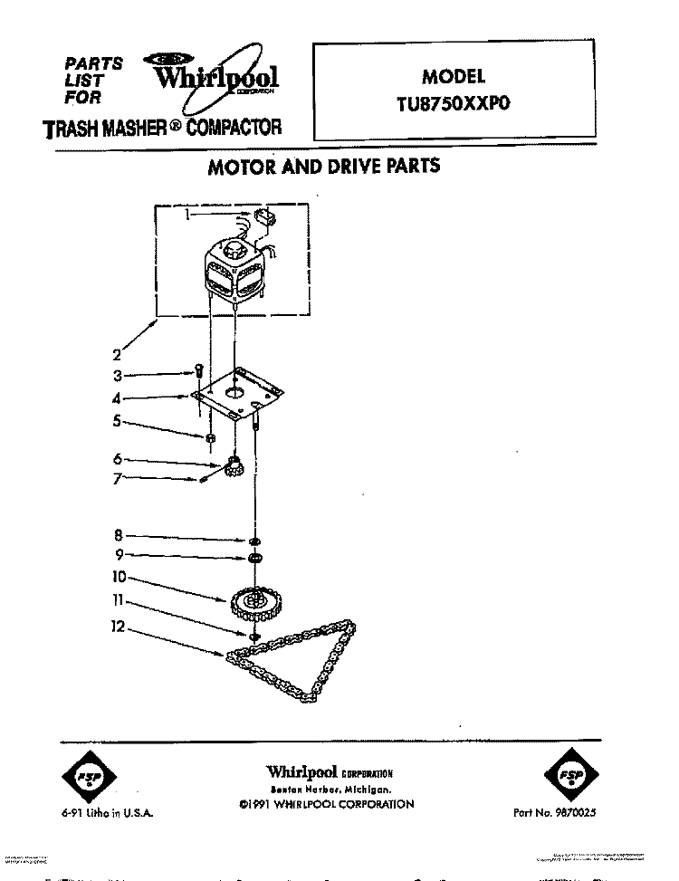 MOTOR AND DRIVE, LIT/OPTIONAL Diagram and Parts List for TU8750XXP0  Whirlpool Trash Compactor
